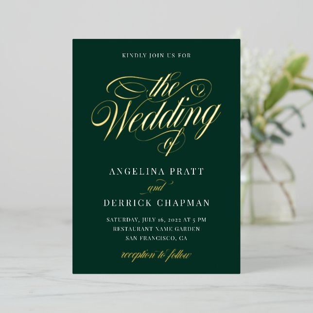 Gold Foil Emerald Green Calligraphy Wedding  Invitation (Standing Front)