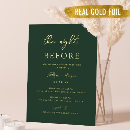Gold Foil Emerald Green The Night Before Dinner  Foil Invitation