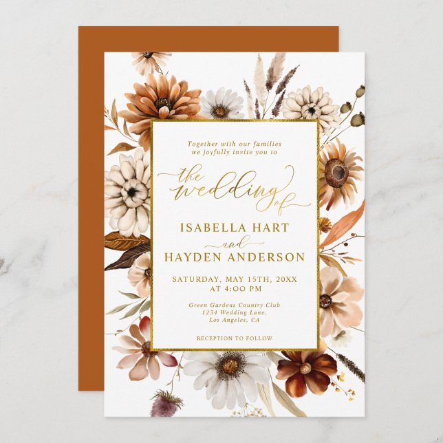 Gold Foil Fall Boho Seasonal Terracotta Wedding Invitation (Front/Back)