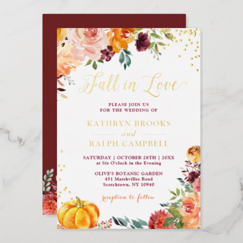 Gold Foil Fall in Love Autumn Floral Wedding Foil Invitation