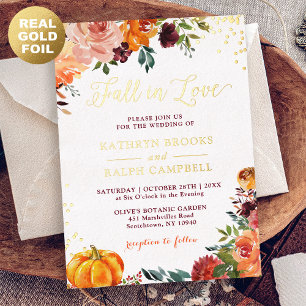 Gold Foil Fall in Love Autumn Floral Wedding Invitation