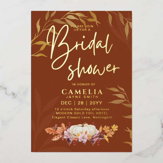 GOLD FOIL Fall Pumpkin BRIDAL SHOWER QR Code Foil Invitation