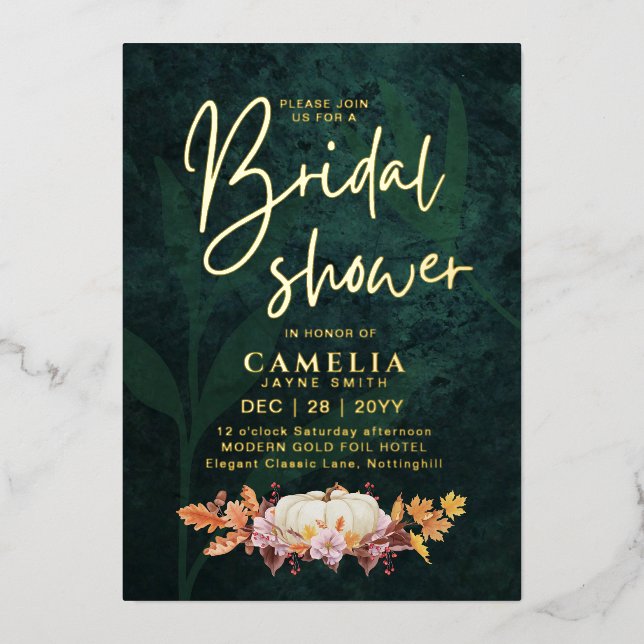 GOLD FOIL Fall Pumpkin Green BRIDAL SHOWER QR Code Invitation (Front)