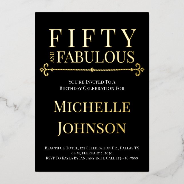 Gold Foil Fifty and Fabulous 50th Birthday Party Foil Invitation (Front)