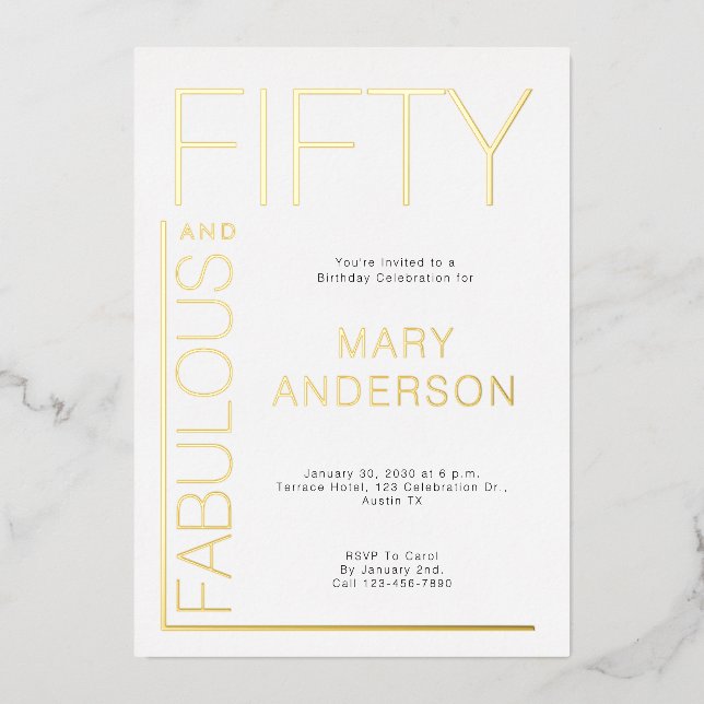 Gold Foil Fifty and Fabulous 50th Birthday Party Foil Invitation (Front)