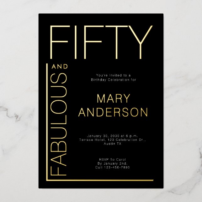 Gold Foil Fifty and Fabulous 50th Birthday Party Invitation (Front)