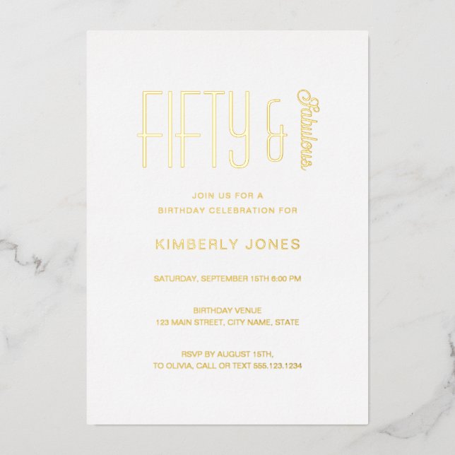 Gold Foil Fifty and Fabulous 50th Birthday Party Invitation (Front)