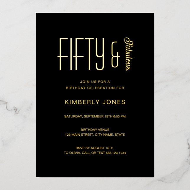 Gold Foil Fifty and Fabulous 50th Birthday Party Invitation (Front)