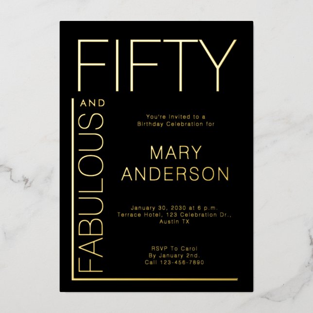 Gold Foil Fifty and Fabulous 50th Birthday Party Invitation (Front)