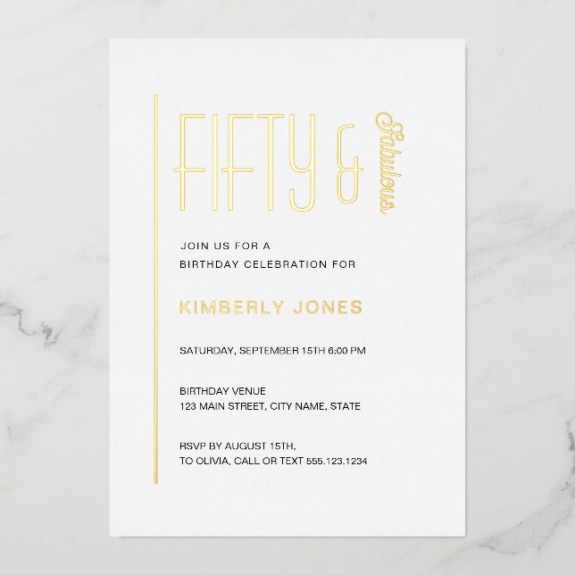 Gold Foil Fifty and Fabulous 50th Birthday Party Invitation (Front)