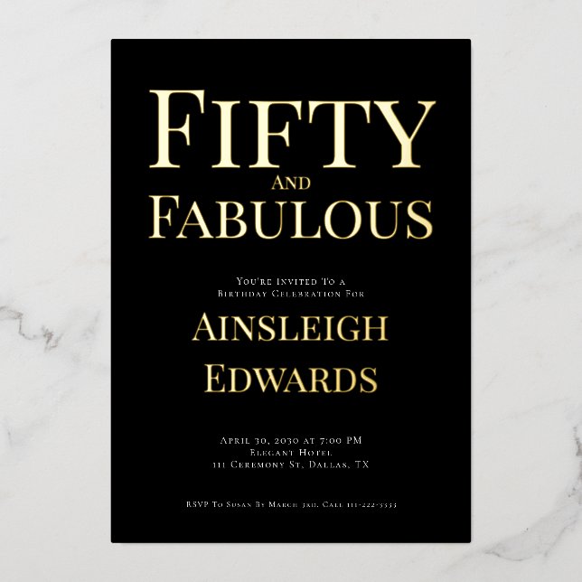 Gold Foil Fifty and Fabulous 50th Birthday Party Invitation (Front)