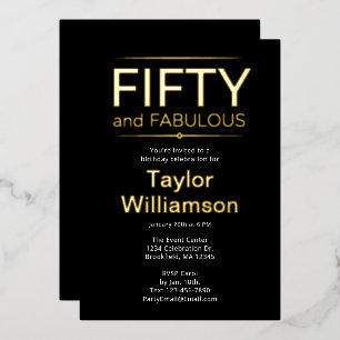 Gold Foil Fifty and Fabulous on Black White Script Invitation