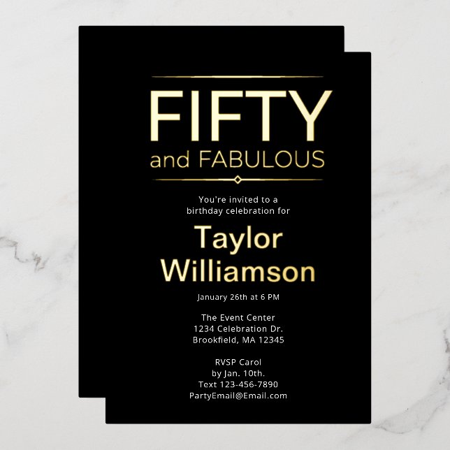 Gold Foil Fifty and Fabulous on Black White Script Invitation (Front/Back)