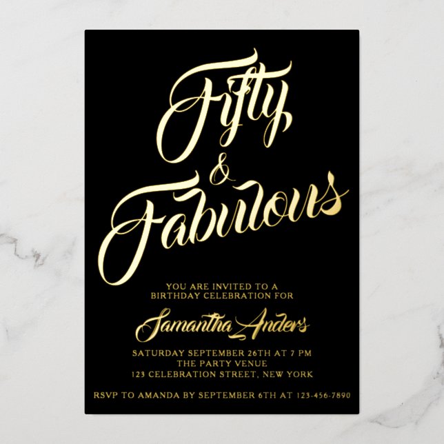 Gold Foil Fifty and Fabulous Script 50th Birthday  Invitation (Front)