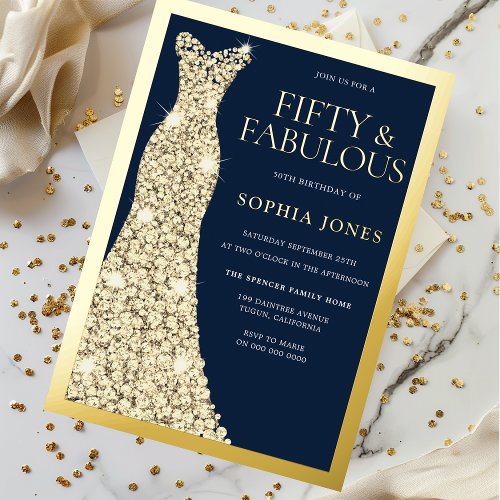 Gold Foil Fifty  Fabulous 50th Birthday Party Foil Invitation