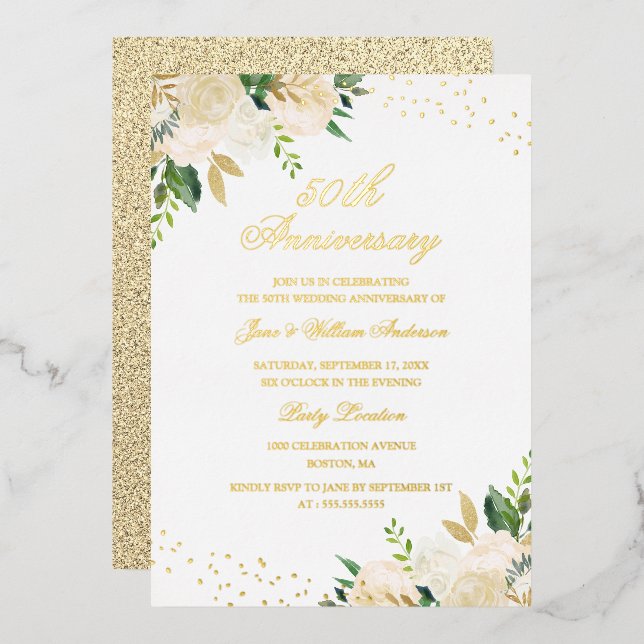 GOLD FOIL Floral 50th Anniversary Foil Invitation (Front/Back)