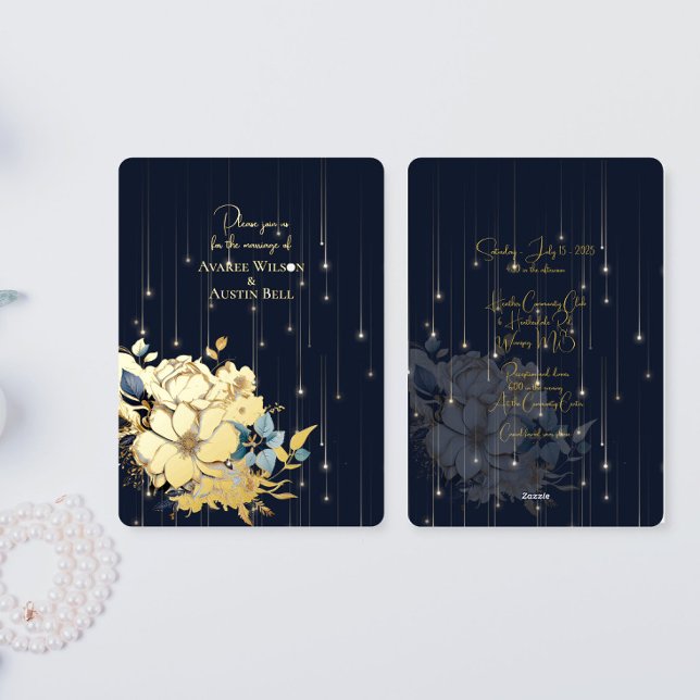 Gold Foil Floral and Lights Navy Elegant Wedding Invitation (Creator Uploaded)