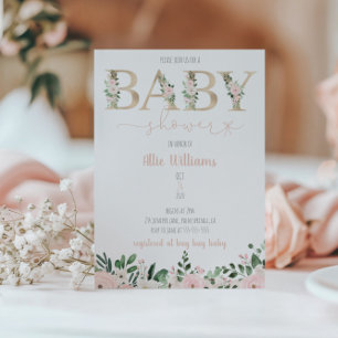 Gold Foil Floral Baby Girl Baby Shower Invitation