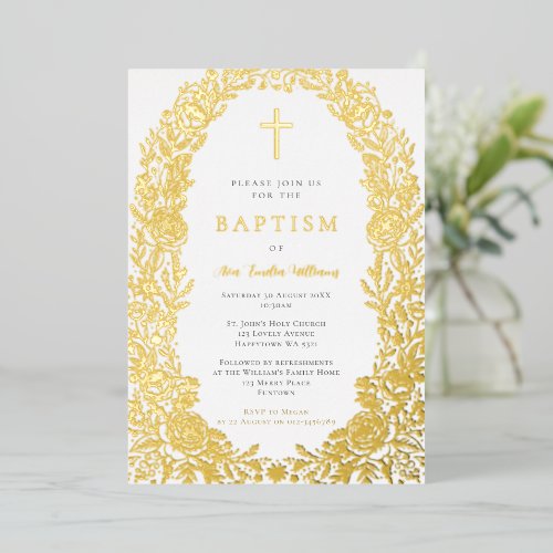 Gold Foil Floral Baptism Invitation