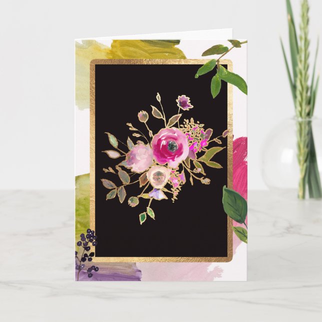 Gold Foil, Floral bouquet, blank greeting card (Front)