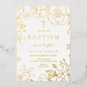 Gold Foil Floral Boy Or Girl Baptism Golden Foil Invitation