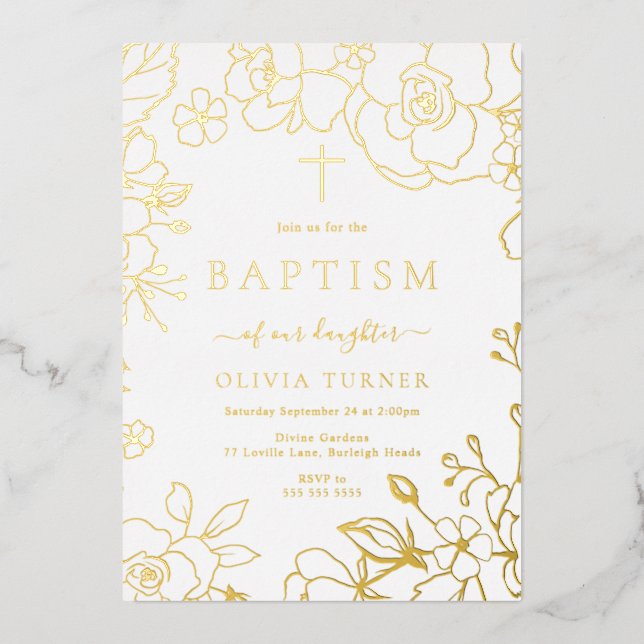 Gold Foil Floral Boy Or Girl Baptism Golden Invitation (Front)