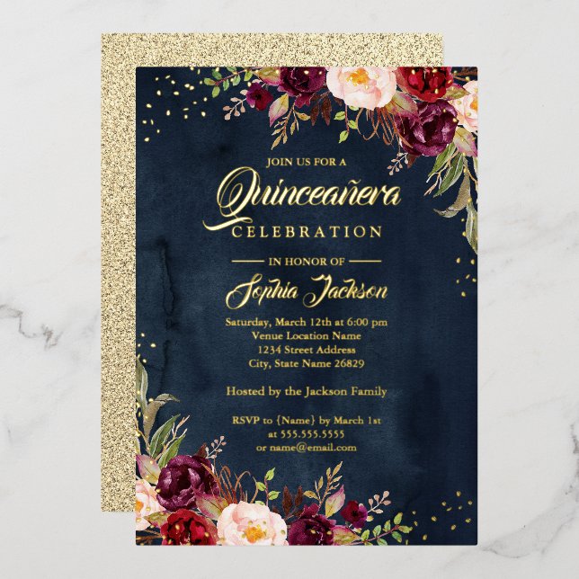GOLD FOIL Floral Burgundy Navy Gold Quinceanera Foil Invitation (Front/Back)