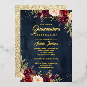 GOLD FOIL Floral Burgundy Navy Gold Quinceanera Invitation