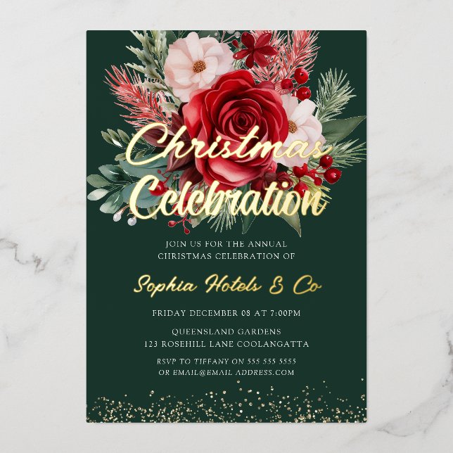 Gold Foil Floral Christmas Celebration Foil Invitation (Front)
