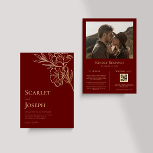 Gold Foil Floral Crimson Red All-in-One Wedding Invitation