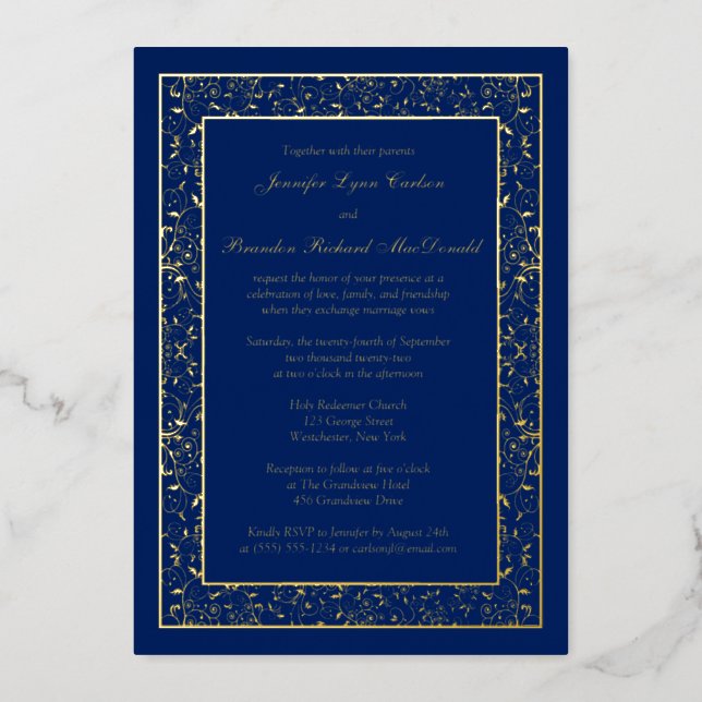 Gold Foil Floral Filigree Wedding Invite (Front)