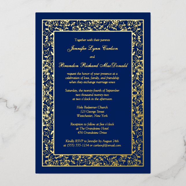 Gold Foil Floral Filigree Wedding Invite (Front)