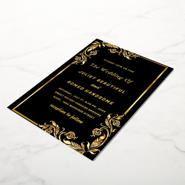 Gold Foil Floral Framed Black Wedding Invitation Foil Invitation (Rotated)