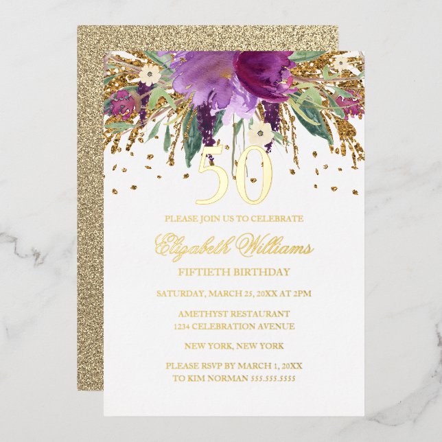 GOLD FOIL Floral Glitter Amethyst 50th Birthday Fo Invitation (Front/Back)