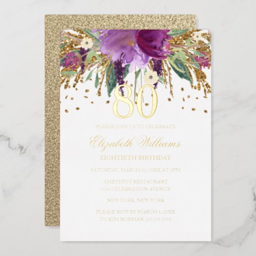 GOLD FOIL Floral Glitter Amethyst 80th Birthday Fo Foil Invitation