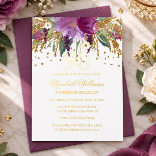 GOLD FOIL Floral Glitter Amethyst 90th Birthday F Invitation