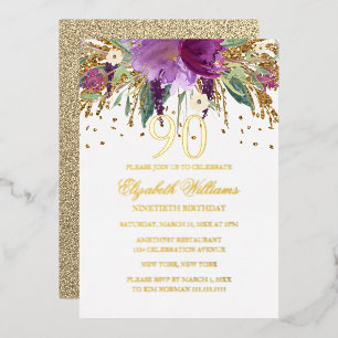 GOLD FOIL Floral Glitter Amethyst 90th Birthday  F Invitation