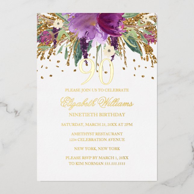 GOLD FOIL Floral Glitter Amethyst 90th Birthday  Foil Invitation (Front)