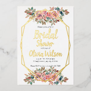 Gold foil floral gold frame bridal shower invitation
