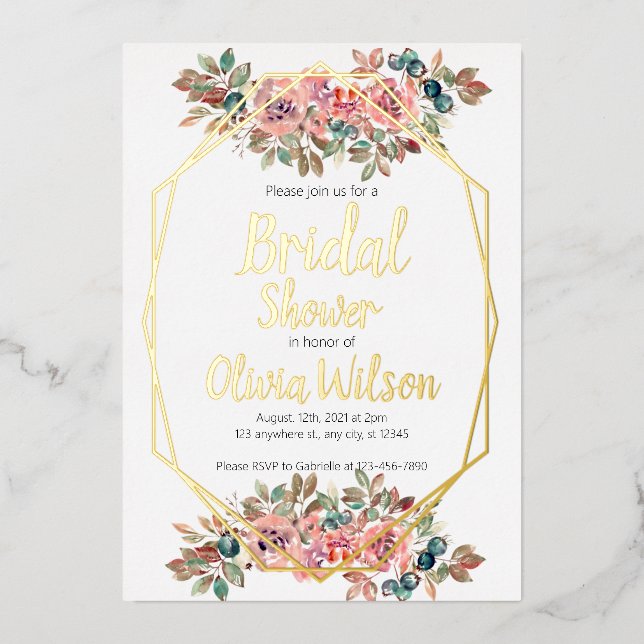 Gold foil floral gold frame bridal shower invitation (Front)