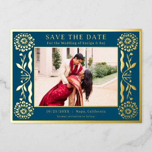 Gold Foil Floral Marigold Indian Save The Date Foil Invitation