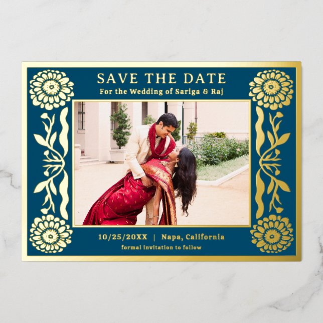Gold Foil Floral Marigold Indian Save The Date Foil Invitation (Front)