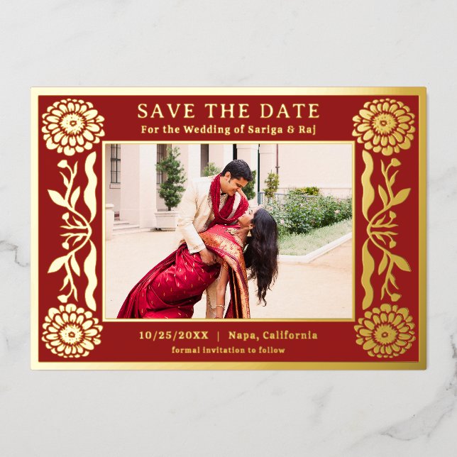 Gold Foil Floral Marigold Indian Save The Date Invitation (Front)
