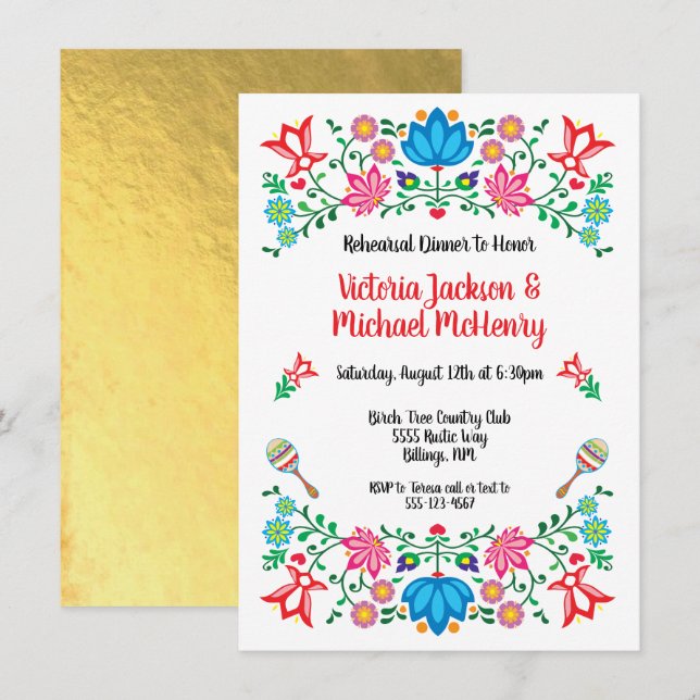 Gold Foil Floral Mexican Fiesta Rehearsal Dinner Invitation (Front/Back)