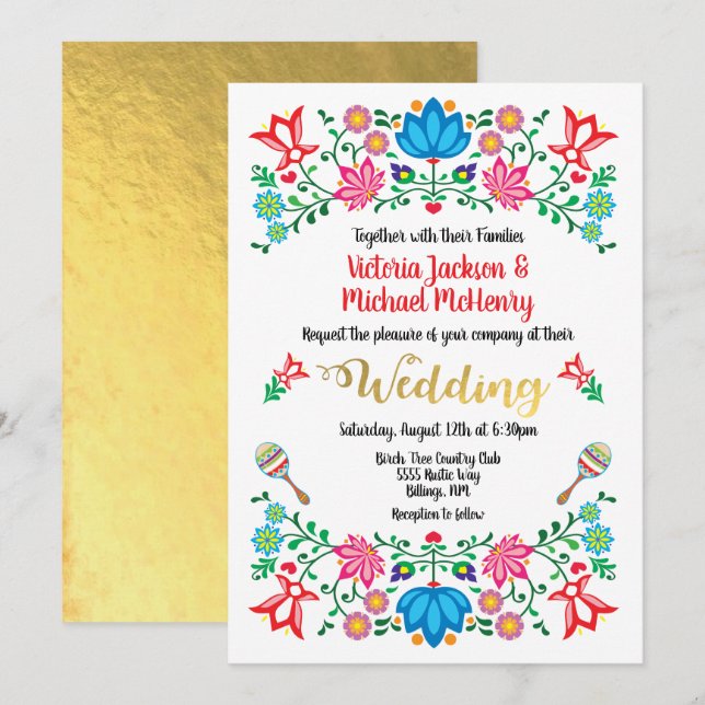 Gold Foil Floral Mexican Wedding Fiesta Invitation (Front/Back)