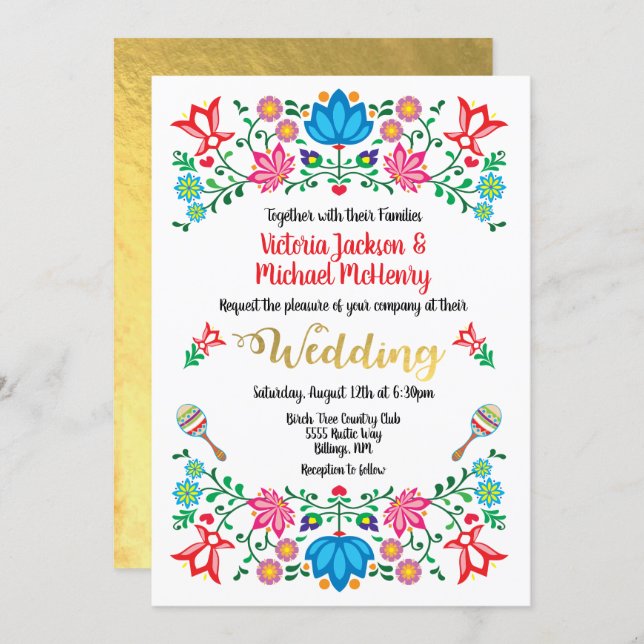 Gold Foil Floral Mexican Wedding Fiesta Invitation (Front/Back)