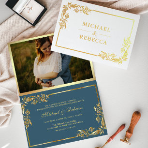 Gold Foil Floral Photo Blue Wedding Invitation