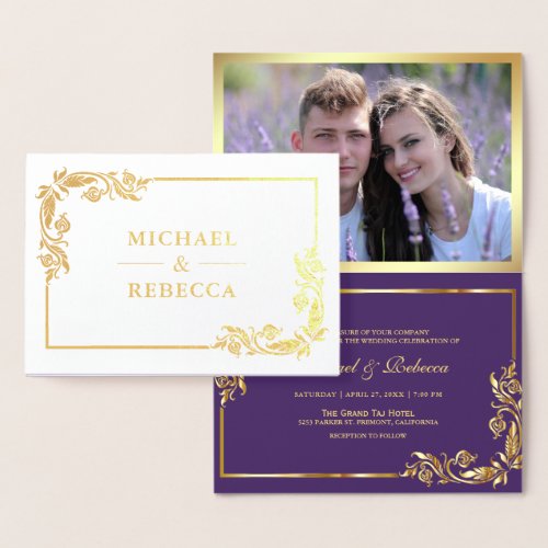 Gold Foil Floral Photo Purple Wedding Invitation