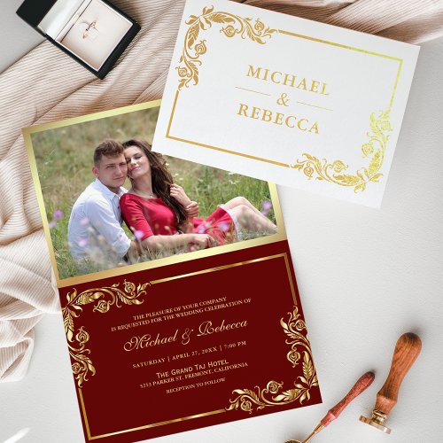 Gold Foil Floral Photo Red Wedding Invitation