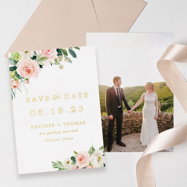 Gold Foil Floral Photo Save The Date  Foil Invitation (Creator Uploaded)